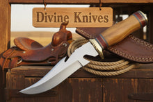 Load image into Gallery viewer, Brass Guard Damascus Gut Hook Knife with Multi Ring Wood Handle