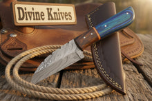 Load image into Gallery viewer, Blue Pakka Wood Damascus Knife with Contrasting Dark Wood Spacer