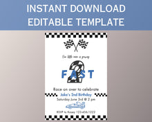 Load image into Gallery viewer, Two Fast Birthday Invitation: Race Car Theme, 2nd Birthday (Digital Download)