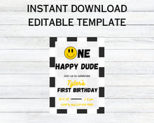 Load image into Gallery viewer, One Happy Dude First Birthday Invitation: Retro Smiley (Editable Template)