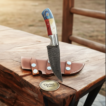 Load image into Gallery viewer, Damascus Texas Cowboy Hunter with Leather Sheath