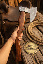 Load image into Gallery viewer, Bone Handle Damascus Knife with Handcrafted Tooled Sheath