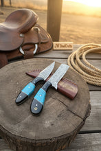 Load image into Gallery viewer, Handmade Damascus Skinner 7”–8” Knife Set Cowboy Ranch Blades Turquoise Handle with Sheath