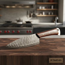 Load image into Gallery viewer, 7-Inch Chef Knife — Hammered Pattern Damascus Blade with Rosewood Handle (12-Inch Overall, Hand-Forged)