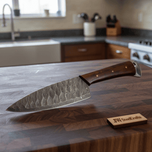 Load image into Gallery viewer, 7-Inch Chef Knife — Hammered Pattern Damascus Blade with Rosewood Handle (12-Inch Overall, Hand-Forged)