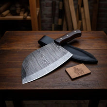 Load image into Gallery viewer, 7-Inch Kitchen Cleaver — Pattern-Welded Damascus Blade with Rosewood Handle (12-Inch Overall, Hand-Forged)