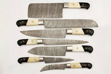 Load image into Gallery viewer, 7 Piece Damascus Kitchen Knife Set, Hand Forged Chef Knives with White Bone and Black Resin Handles, Full Tang Professional Cooking Set
