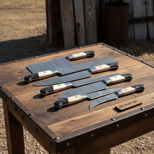Load image into Gallery viewer, 7 Piece Damascus Kitchen Knife Set, Hand Forged Chef Knives with White Bone and Black Resin Handles, Full Tang Professional Cooking Set