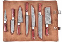 Load image into Gallery viewer, 7-Piece Damascus Kitchen Knife Set, Paring, Utility, Chef, Carving, Santoku, Bread Knife and Cleaver with Leather Roll and Red Wood Handles, JW SteelCrafts