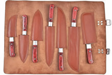 Load image into Gallery viewer, 7-Piece Damascus Kitchen Knife Set, Paring, Utility, Chef, Carving, Santoku, Bread Knife and Cleaver with Leather Roll and Red Wood Handles, JW SteelCrafts