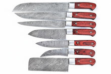 Load image into Gallery viewer, 7-Piece Damascus Kitchen Knife Set, Paring, Utility, Chef, Carving, Santoku, Bread Knife and Cleaver with Leather Roll and Red Wood Handles, JW SteelCrafts