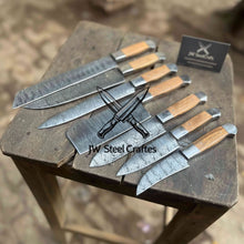 Load image into Gallery viewer, 7-Piece Handmade Chef Knife Set — Pattern-Welded Damascus Blades with Natural Wood Handles (Professional Kitchen Set)