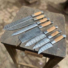 Load image into Gallery viewer, 7-Piece Handmade Chef Knife Set — Pattern-Welded Damascus Blades with Natural Wood Handles (Professional Kitchen Set)