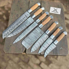 Load image into Gallery viewer, 7-Piece Handmade Chef Knife Set — Pattern-Welded Damascus Blades with Natural Wood Handles (Professional Kitchen Set)