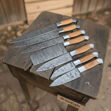 Load image into Gallery viewer, 7-Piece Handmade Chef Knife Set — Pattern-Welded Damascus Blades with Natural Wood Handles (Professional Kitchen Set)