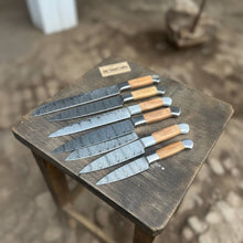 Load image into Gallery viewer, 7-Piece Handmade Chef Knife Set — Pattern-Welded Damascus Blades with Natural Wood Handles (Professional Kitchen Set)