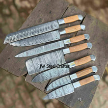 Load image into Gallery viewer, 7-Piece Handmade Chef Knife Set — Pattern-Welded Damascus Blades with Natural Wood Handles (Professional Kitchen Set)