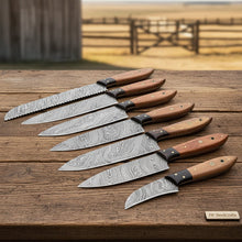 Load image into Gallery viewer, 7 Piece Handmade Damascus Kitchen Knife Set, Professional Chef, Bread, Santoku, Utility and Paring Knives with Pakka Wood Handles Cooking Knife Set JW SteelCrafts