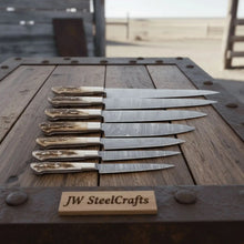 Load image into Gallery viewer, 7-Piece Damascus Kitchen Knife Set — Synthetic Stag Horn Handles, Brass Bolsters &amp; Full Tang Forged Blades