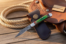 Load image into Gallery viewer, Forest Green Trail Trapper Knife Pakka Wood Damascus Steel folding Trapper Knife