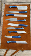 Load image into Gallery viewer, 9-Piece Damascus Kitchen Knife Set with Leather Roll and Blue Pakka Wood Handles