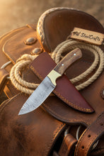 Load image into Gallery viewer, Handmade Damascus Field Knife 8” Bushcraft Knife Wood Handle with Leather Sheath