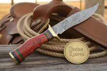 Load image into Gallery viewer, Field-Ready Damascus Gut Hook Knife with Rich Burgundy Wood Grip