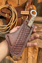Load image into Gallery viewer, Finger Loop Prairie Bull Cutter 6.5" Handmade Damascus Steel Leather Crossdraw
