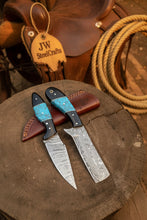 Load image into Gallery viewer, Handmade Damascus Skinner 7”–8” Knife Set Cowboy Ranch Blades Turquoise Handle with Sheath