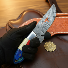 Load image into Gallery viewer, Longhorn Cutout Texas Flag Damascus Hunter &amp; Skinner Knife Set