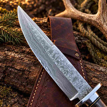 Load image into Gallery viewer, Handmade Damascus Steel Bowie Knife with Stag Antler Handle and Leather Sheath