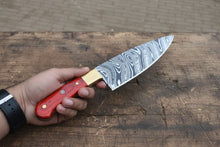 Load image into Gallery viewer, 8-Inch Gyuto Chef Knife — Acid-Etched Waisted Stainless Steel Blade with Red Wood Handle — JW SteelCrafts