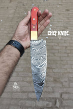 Load image into Gallery viewer, 8-Inch Gyuto Chef Knife — Acid-Etched Waisted Stainless Steel Blade with Red Wood Handle — JW SteelCrafts