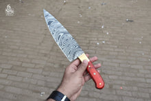 Load image into Gallery viewer, 8-Inch Gyuto Chef Knife — Acid-Etched Waisted Stainless Steel Blade with Red Wood Handle — JW SteelCrafts