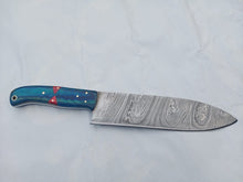 Load image into Gallery viewer, 8-Inch Gyuto Chef Knife — Twisted Damascus Blade with Blue &amp; Red Pakka Wood Handle (Full Tang, Hand-Forged)