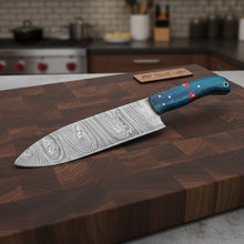 Load image into Gallery viewer, 8-Inch Gyuto Chef Knife — Twisted Damascus Blade with Blue &amp; Red Pakka Wood Handle (Full Tang, Hand-Forged)