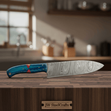 Load image into Gallery viewer, 8-Inch Gyuto Chef Knife — Twisted Damascus Blade with Blue &amp; Red Pakka Wood Handle (Full Tang, Hand-Forged)