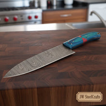 Load image into Gallery viewer, 8-Inch Gyuto Chef Knife — Twisted Damascus Blade with Blue &amp; Red Pakka Wood Handle (Full Tang, Hand-Forged)