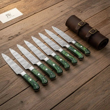 Load image into Gallery viewer, Damascus Steak Knife Set, Full Tang Serrated Knives, Green Pakka wood Handle, Precision Slicing