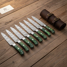 Load image into Gallery viewer, 8-Piece Damascus Steak Knife Set with Leather Roll, Full Tang Serration-Ready Steak Knives, Green Pakka wood Handle Precision Slicing Knives, JW SteelCrafts