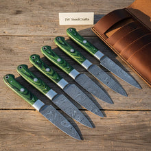 Load image into Gallery viewer, 8-Piece Damascus Steak Knife Set with Leather Roll, Full Tang Serration-Ready Steak Knives, Green Pakka wood Handle Precision Slicing Knives, JW SteelCrafts