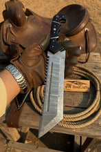 Load image into Gallery viewer, Handmade Damascus Tracker Knife 12” Sawback Blade Survival Knife Black resin Handle &amp; Sheath