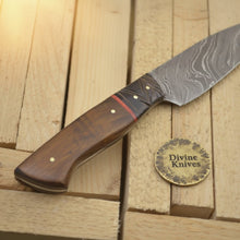Load image into Gallery viewer, Brown Wood Damascus Knife Accented with a Bold Red Band