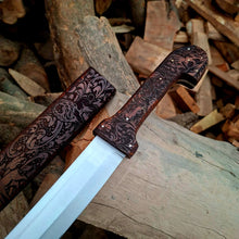 Load image into Gallery viewer, Bone Handle Damascus Knife with Handcrafted Tooled Sheath