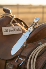 Load image into Gallery viewer, Drop Point Bushcraft Knife 10” – Polished Steel Blade with Natural Stag Handle