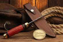 Load image into Gallery viewer, Field-Ready Damascus Gut Hook Knife with Rich Burgundy Wood Grip