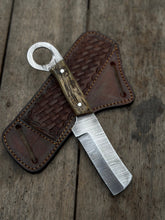 Load image into Gallery viewer, Finger Loop Prairie Bull Cutter 6.5" Handmade Damascus Steel Leather Crossdraw