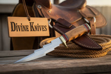 Load image into Gallery viewer, Olive Wood Damascus Knife Accented with Red and Brass Rings