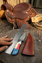 Load image into Gallery viewer, Damascus Camping Knife Fixed Blade USA Flag Resin Handle Outdoor Utility Knife with Sheath