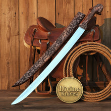 Load image into Gallery viewer, Bone Handle Damascus Knife with Handcrafted Tooled Sheath